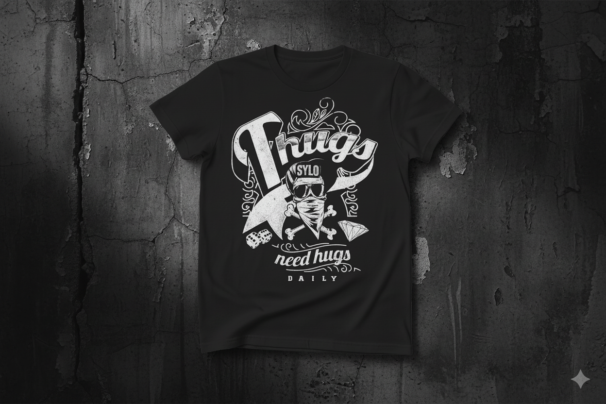 Thugs Need Hugs tee against dark gritty urban background